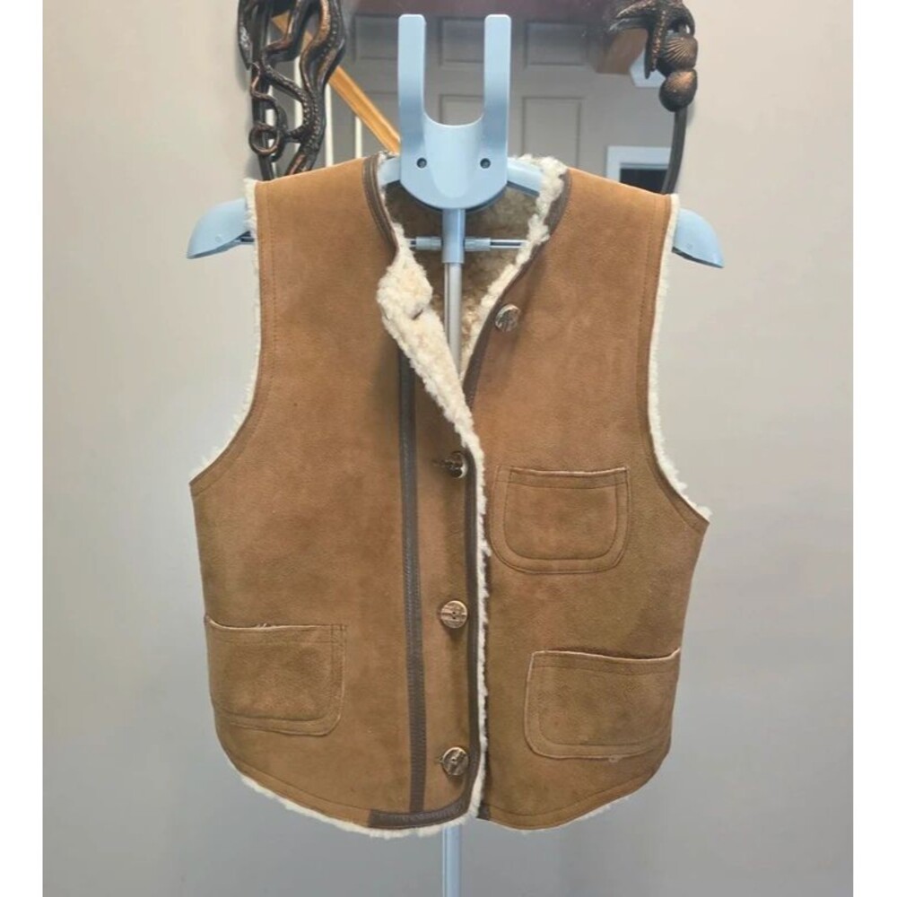 Vintage Shearling Sheepskin Vest Suede Leather Western Ranch Boho Brown
